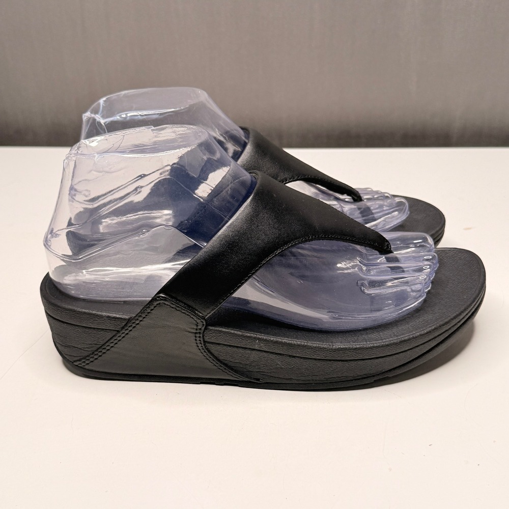 FitFlop Lulu Leather Toe Post Sandals Womens 7 Black Thong Wedge Comfort Walking